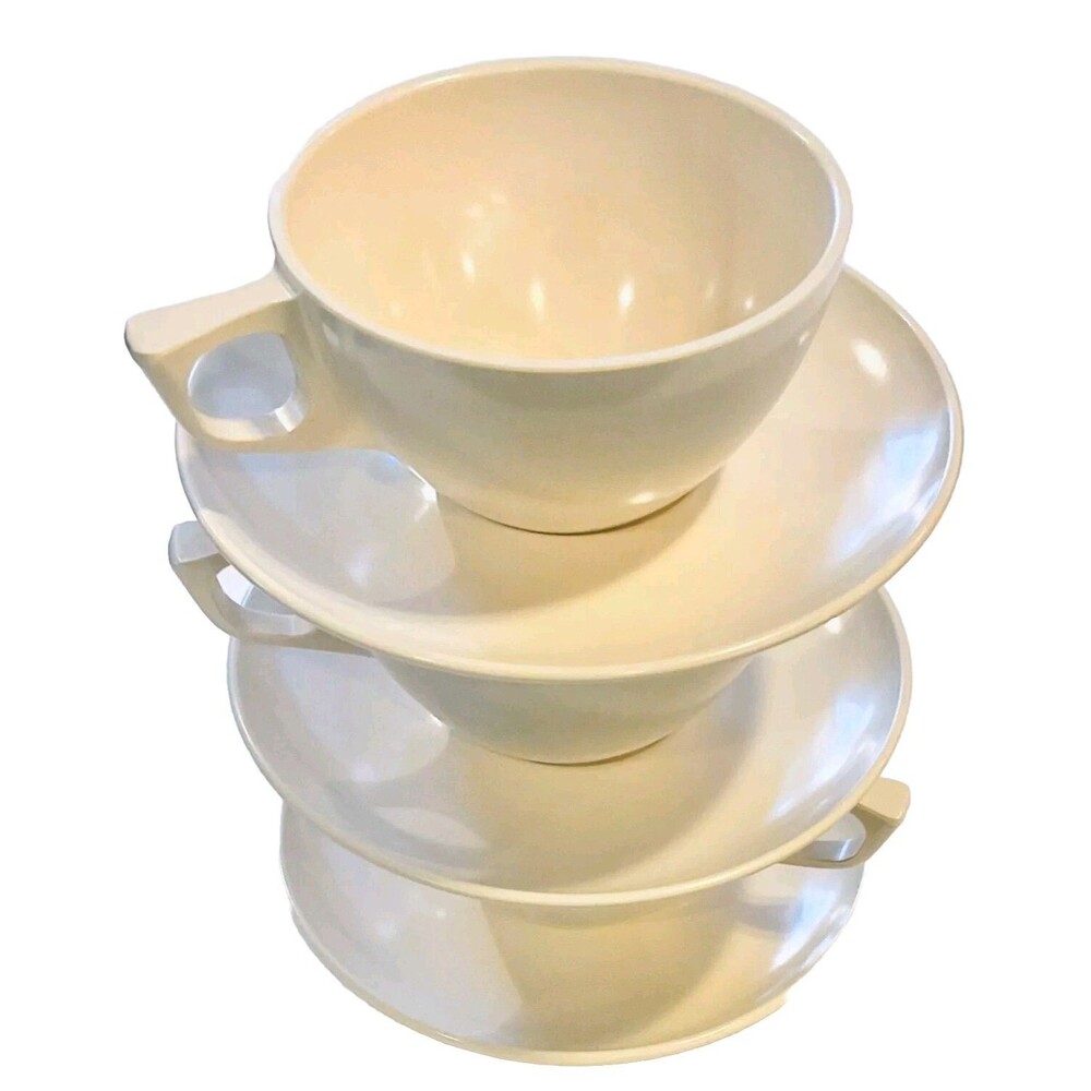 Beige Tan Melamine Coffee Cups & Saucers Chicago USA MCM Retro